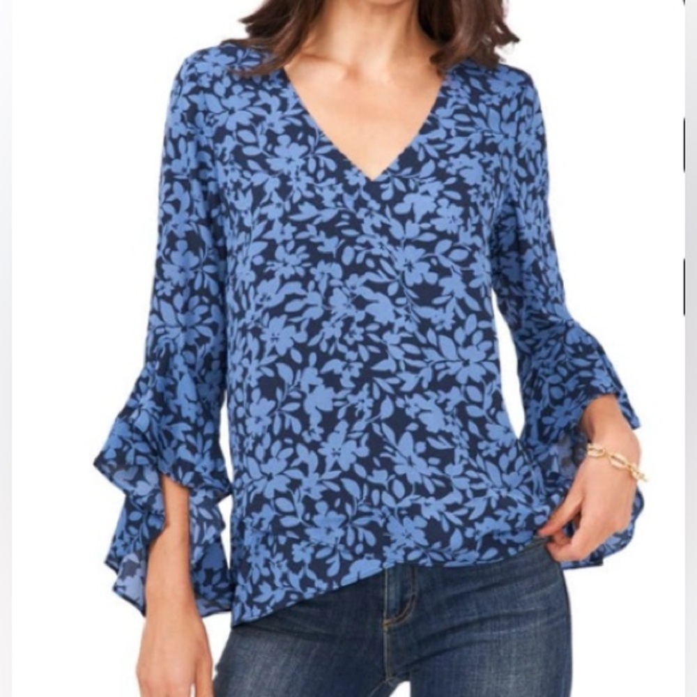 Vince Camuto Floral Blue & Black Ruffle Sleeve  Blouse
